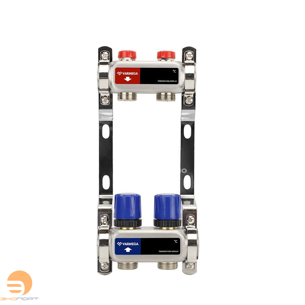 Коллектор с регулирующими и балансировочными клапанами 2 выхода (ВР1", 3/4" EK), нерж сталь Varmega