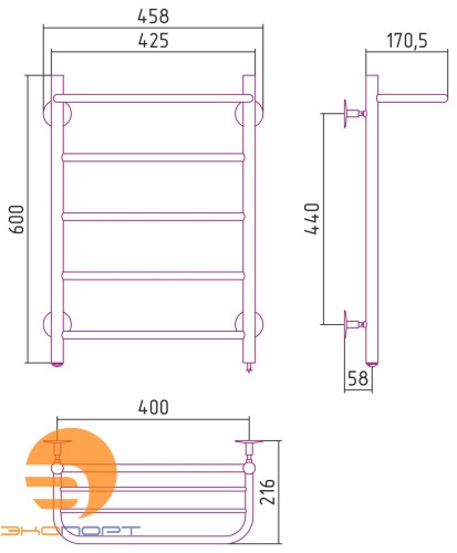 Полотенцесушитель электрический №30 П, 600х400 мм, хром,  Стилье
