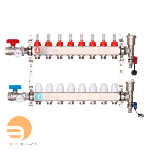 Коллектор из нержавеющей стали с расходомерами  (8 вых) с кранами+воздухоотводчик, Gappo