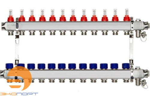 Комплект коллекторов SSM-12RF set, нерж., с расходомерами и кронштейнами, 12 контуров Ridan
