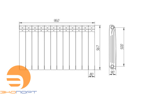 Радиатор алюминиевый 500/90 12 секций Теплоприбор