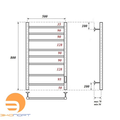Полотенцесушитель электрический  Аврора П8 500x800 диммер справа, хром Point
