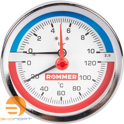 Термоманометр аксиальный, Dn 80 мм 1/2, 0...120°C, 0-10 бар. ROMMER