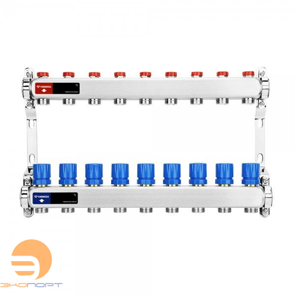 Коллектор с регулирующими и балансировочными клапанами 9 выхода (ВР1", 3/4" EK), нерж сталь Varmega