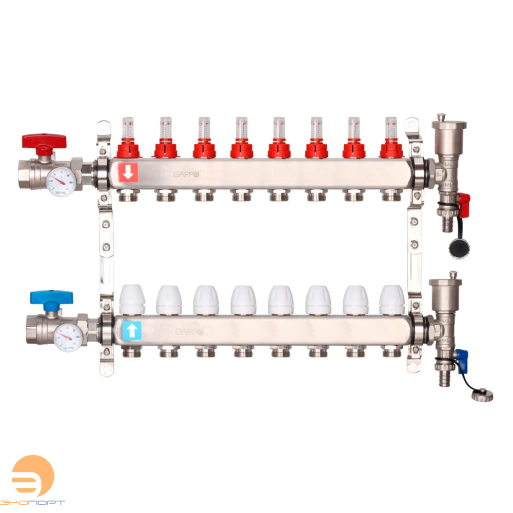 Коллектор из нержавеющей стали с расходомерами  (8 вых) с кранами+воздухоотводчик, Gappo