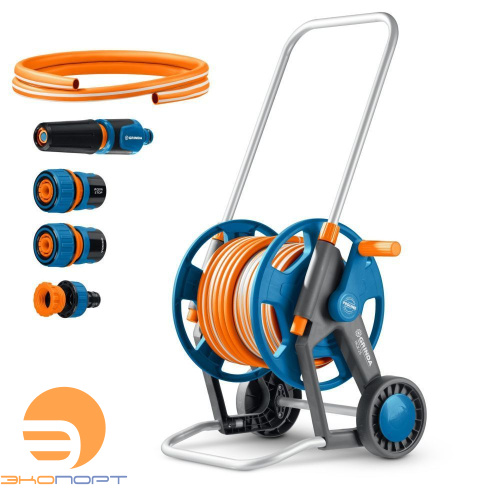 Набор поливочный 4 предмета, усиленные колеса, телескопическая ручка, катушка со шлангом GRINDA