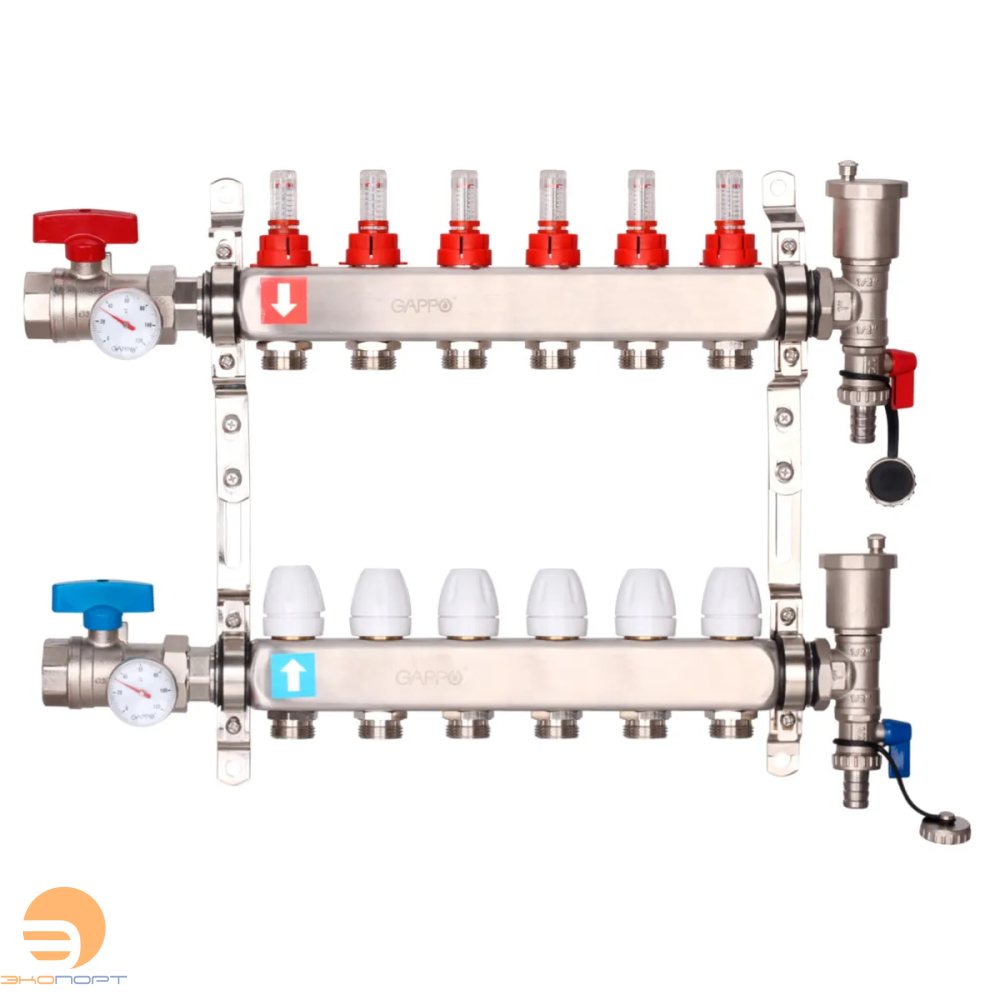 Коллектор из нержавеющей стали с расходомерами  (6 вых) с кранами+воздухоотводчик, Gappo