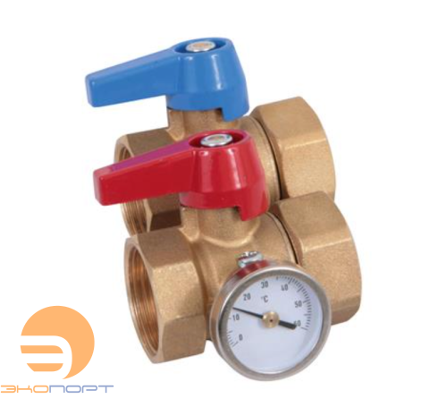 Набор шаровых кранов 90° 1 "X1" с синей и красной ручкой, с прокладкой и с термометром, никель Henco