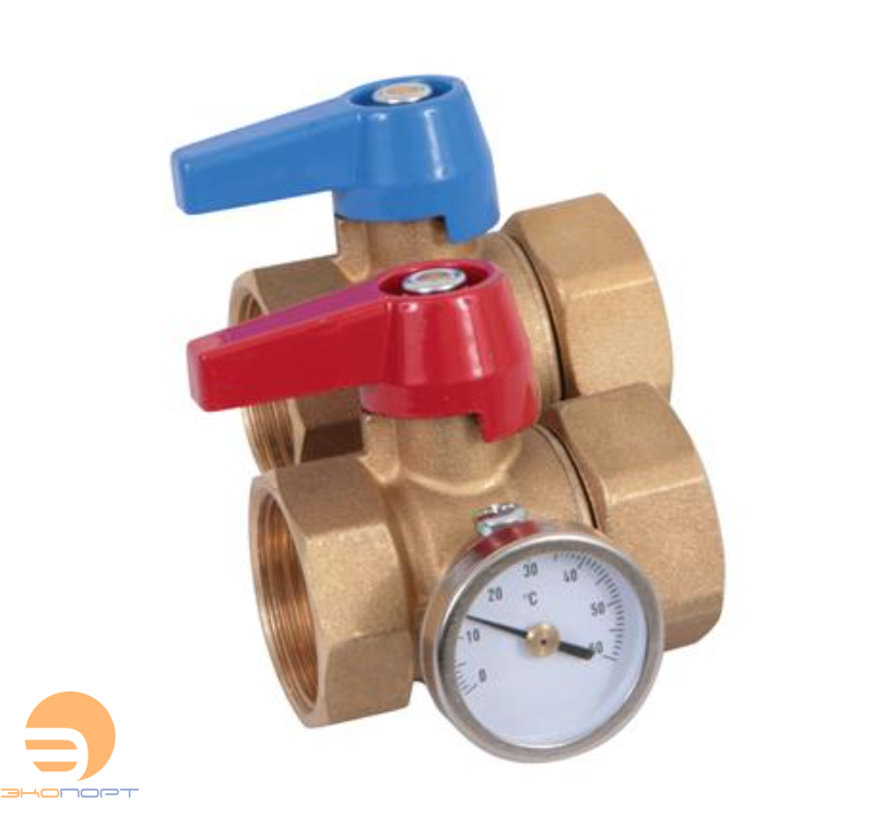 Набор шаровых кранов 90° 1 "X1" с синей и красной ручкой, с прокладкой и с термометром, никель Henco