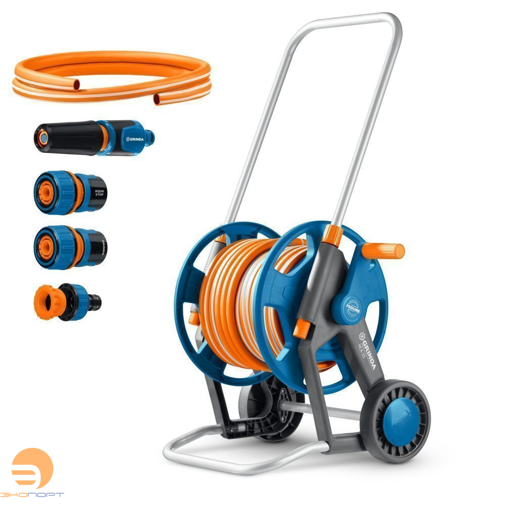 Набор поливочный 4 предмета, усиленные колеса, телескопическая ручка, катушка со шлангом GRINDA