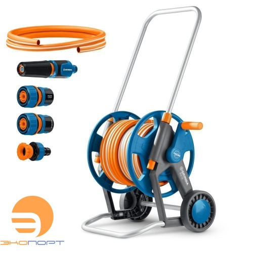 Набор поливочный 4 предмета, усиленные колеса, телескопическая ручка, катушка со шлангом GRINDA