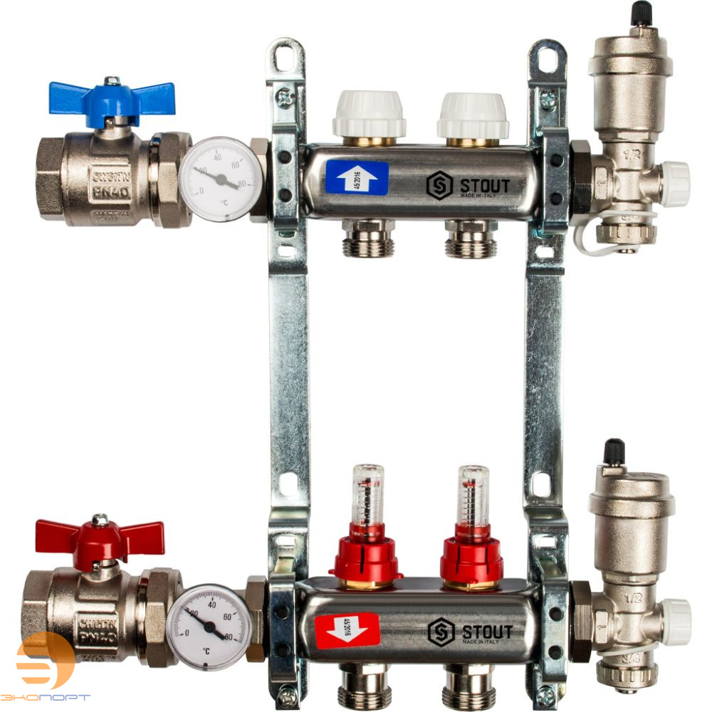 Коллектор в комплекте (краны и авт. воздухоотводчики)  2 вых с расходомерами Stout