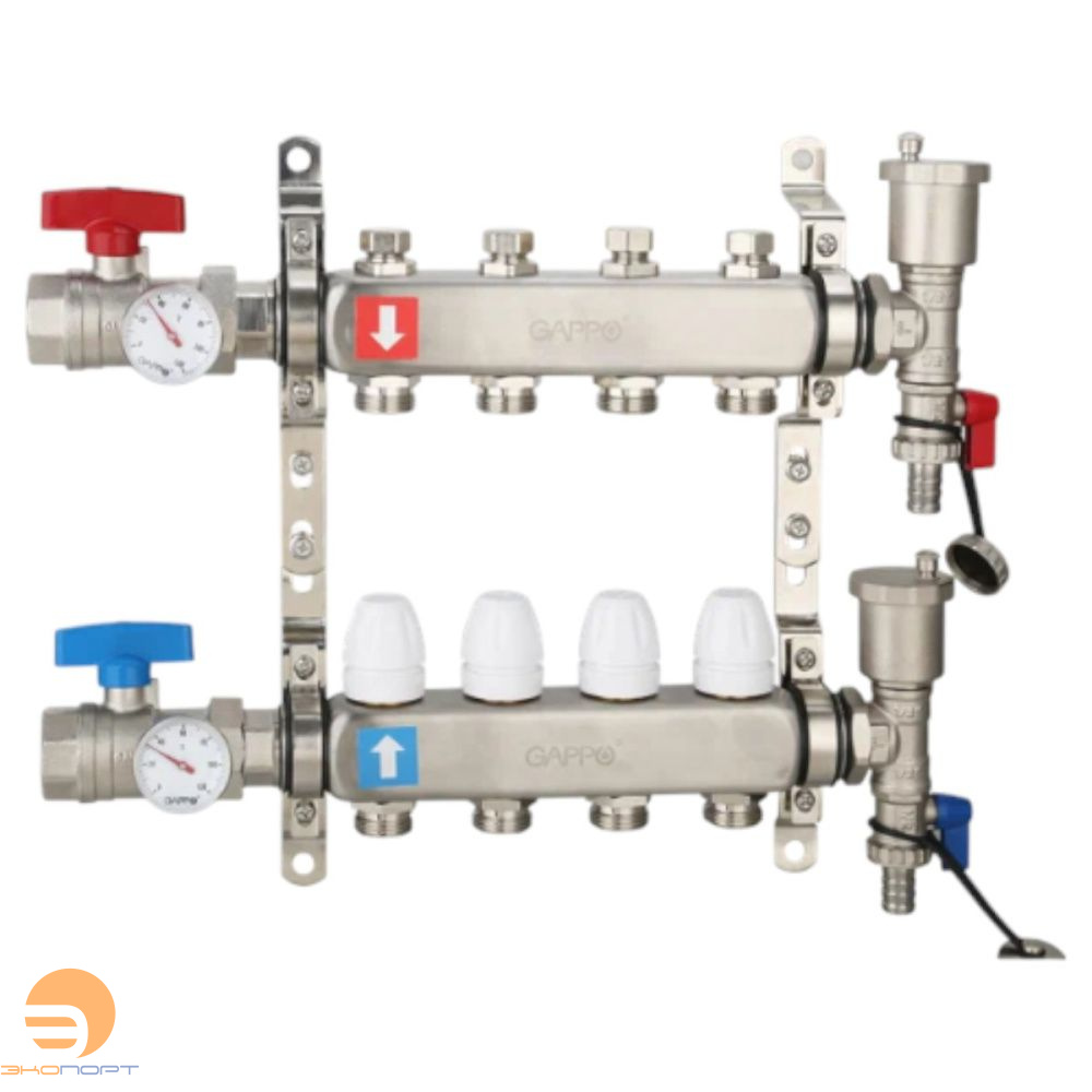 Коллектор из латуни с запорными клапанами  (9 вых), Gappo