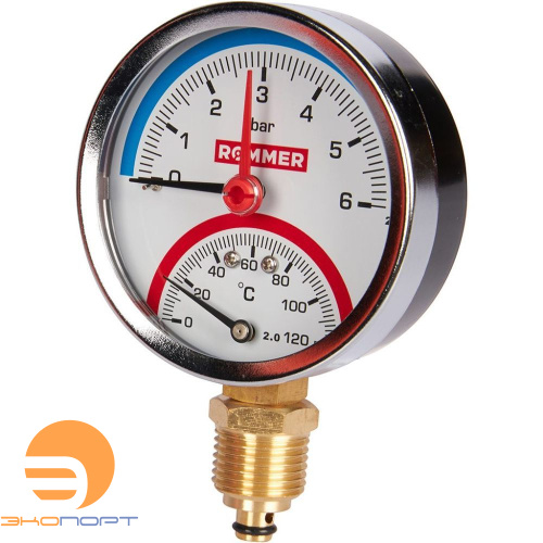 Термоманометр радиальный, Dn 80 мм 1/2 , 0...120°C, 0-6 бар, ROMMER Термоманометр радиальный, Dn 80 мм 1/2 , 0...120°C, 0-6 бар, ROMMER