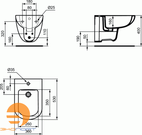 Биде подвесное Tempo, центральное отверстие под смеситель IDEAL STANDARD