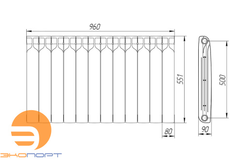 Радиатор биметаллический 500/90 12 секций Teplopribor