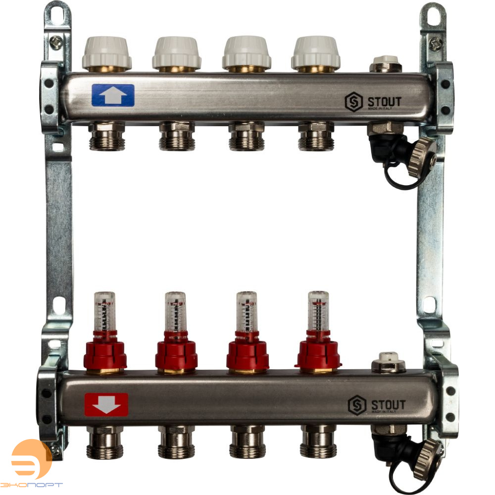 Коллектор  4 вых с расходомерами (сливные краны, воздухоотводчик, без заглушек) Stout