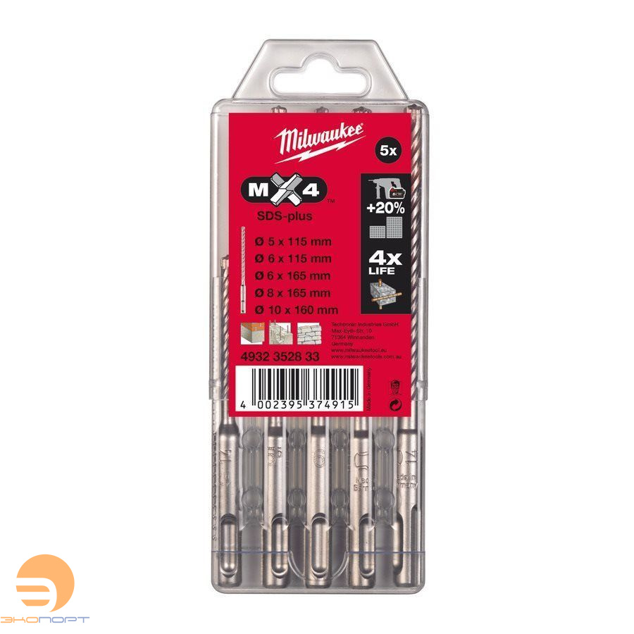 Набор буров MX4 SDS-PLUS (5 / 6 х 115мм, 6 / 8 / 10х165мм), Milwaukee