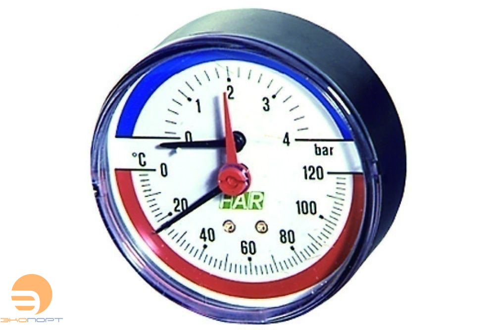 Термоманометр 0-10 бар, 0-120 °C, 80 мм, торцевое соединение 1/2" FAR