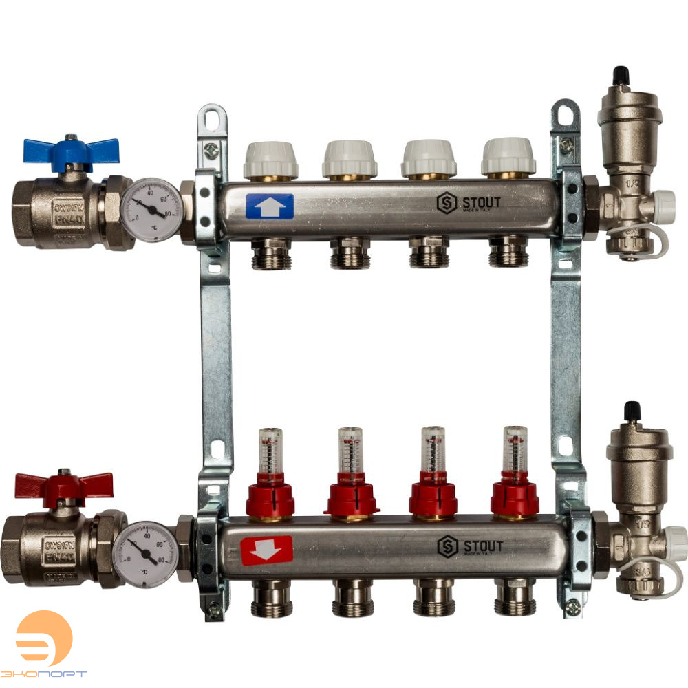 Коллектор в комплекте (краны и авт. воздухоотводчики)  4 вых с расходомерами Stout