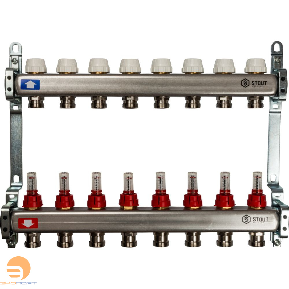 Коллектор  8 вых с расходомерами (без сливных кранов, без воздухоотводчиков, без заглушек) Stout