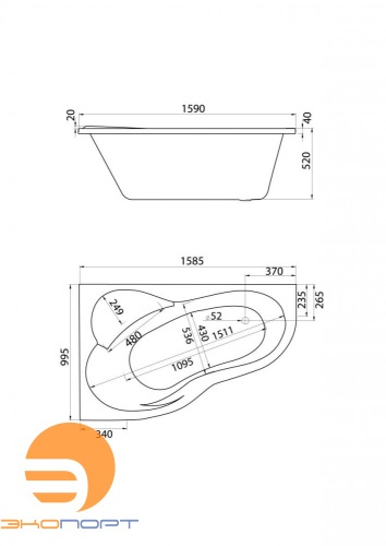 Ванна ИБИЦА XL 160*100, левая + монтаж.комплект + фронт. панель, Santek