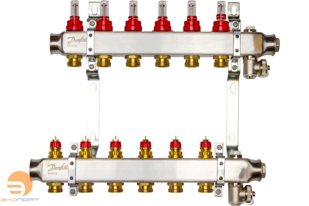Коллекторы SSM-06F с расходомерами и кронштеинами, 6 контуров,  нерж.