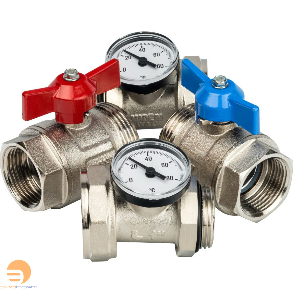 Комплект прямых шаровых кранов с термометрами 1" (2шт) STOUT