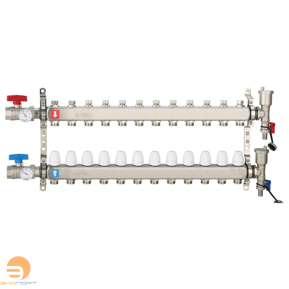 Коллектор из нержавеющей стали с запорными клапанами (12 вых) с кранами+воздухоотвотчик, Gappo