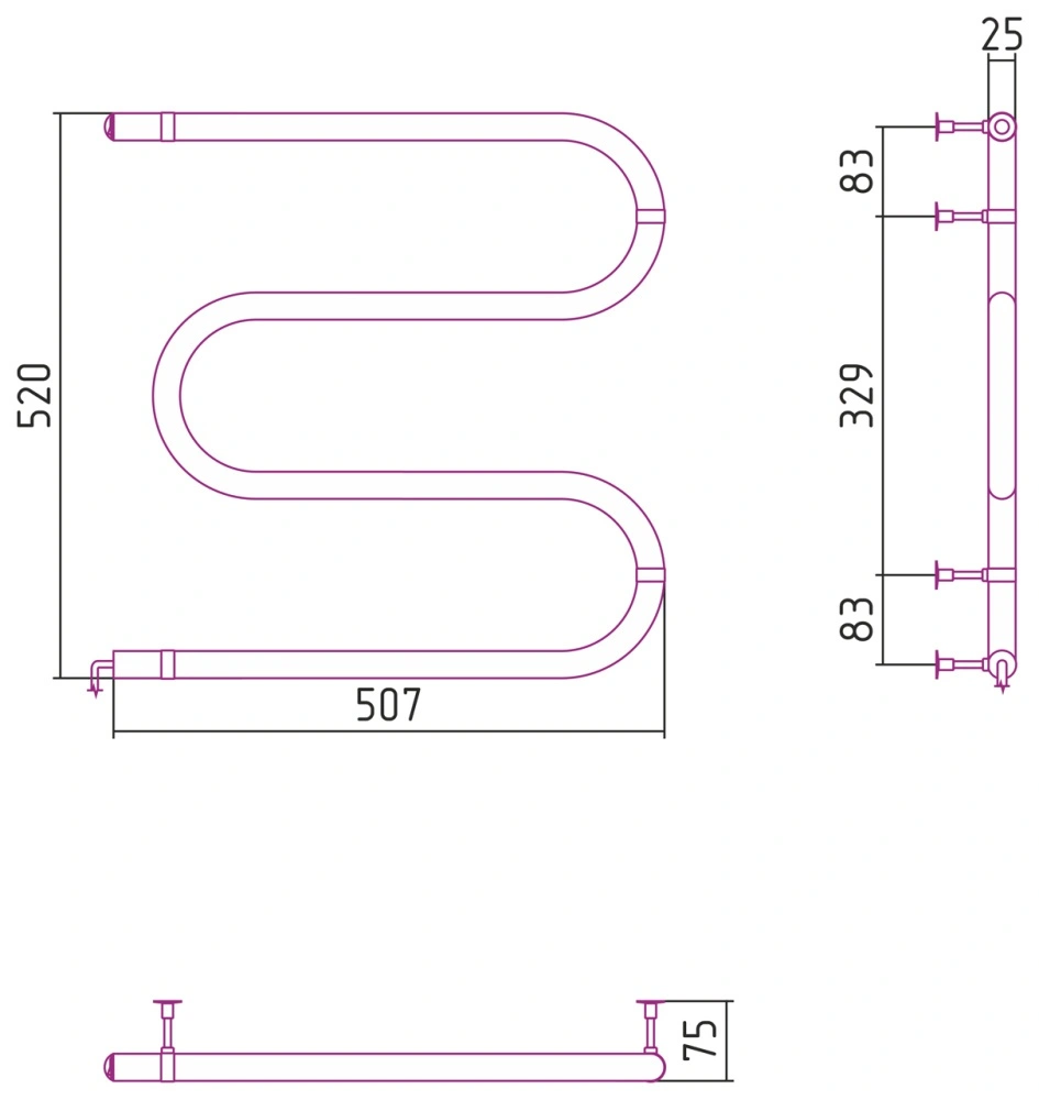 Полотенцесушитель электрический М-образный №03, 500х500 (53 Вт), Стилье