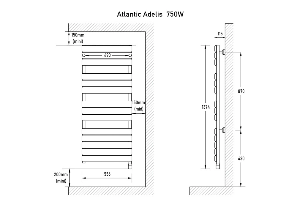 Полотенцесушитель электрический ADELIS, 1374х556х115 мм, 750Вт, белый, Atlantic