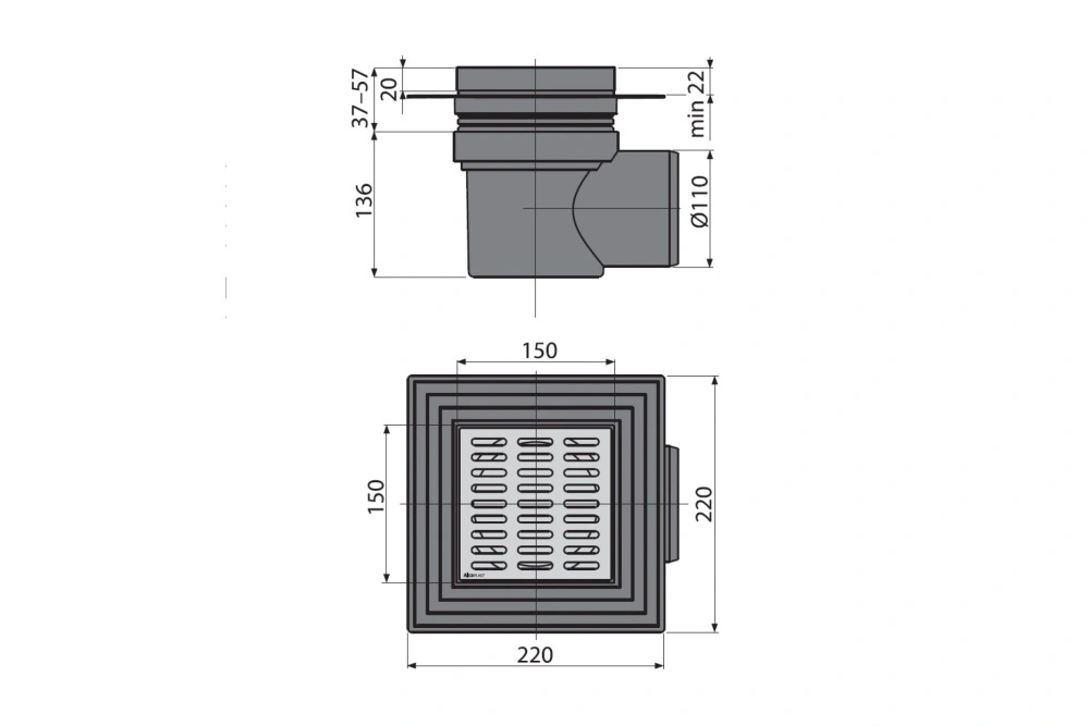 Трап сливной 150 х 150/110 гидрозатвор,  н/ж ALCA PLAST