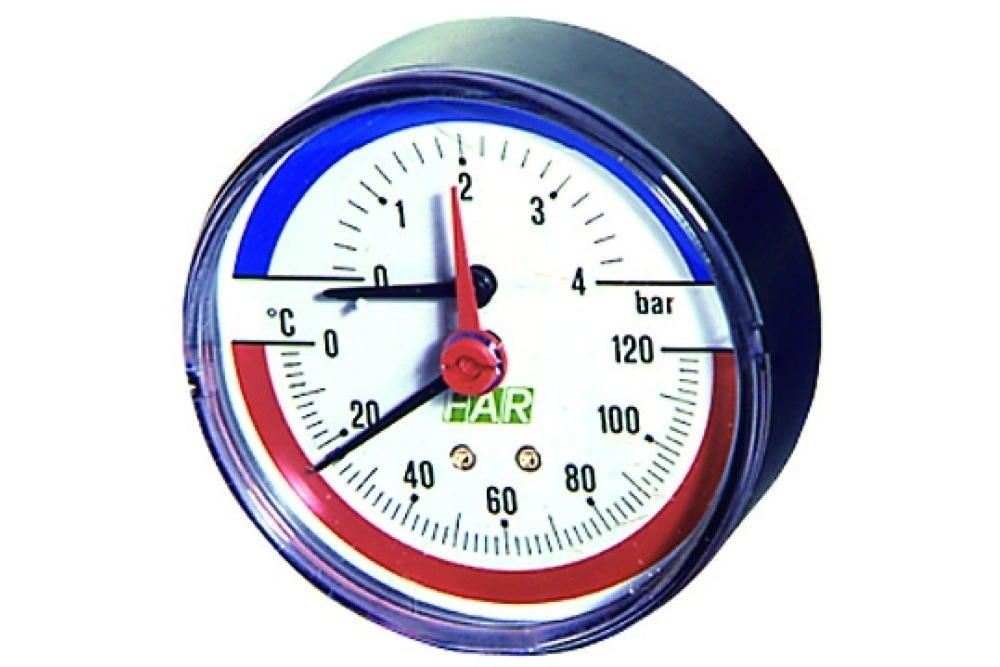 Термоманометр 0-10 бар, 0-120 °C, 80 мм, торцевое соединение 1/2" FAR