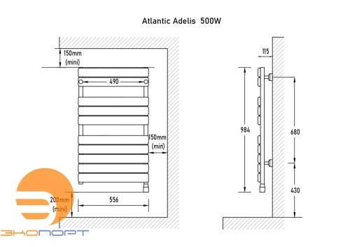 Полотенцесушитель электрический ADELIS, 984х556х115, 500Вт, белый, Atlantic