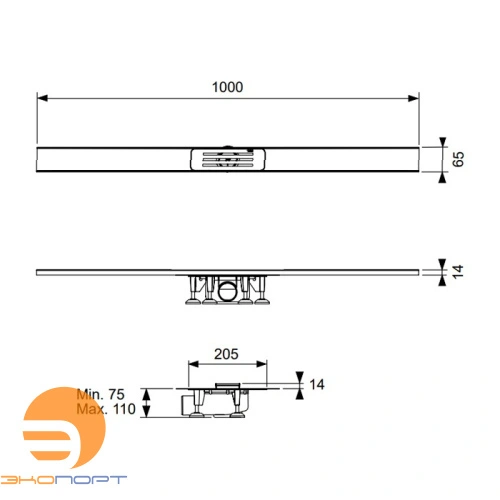 Комплект для монтажа дренажного канала (подрезной) 400-1000мм, с мембраной, сатин, TECE